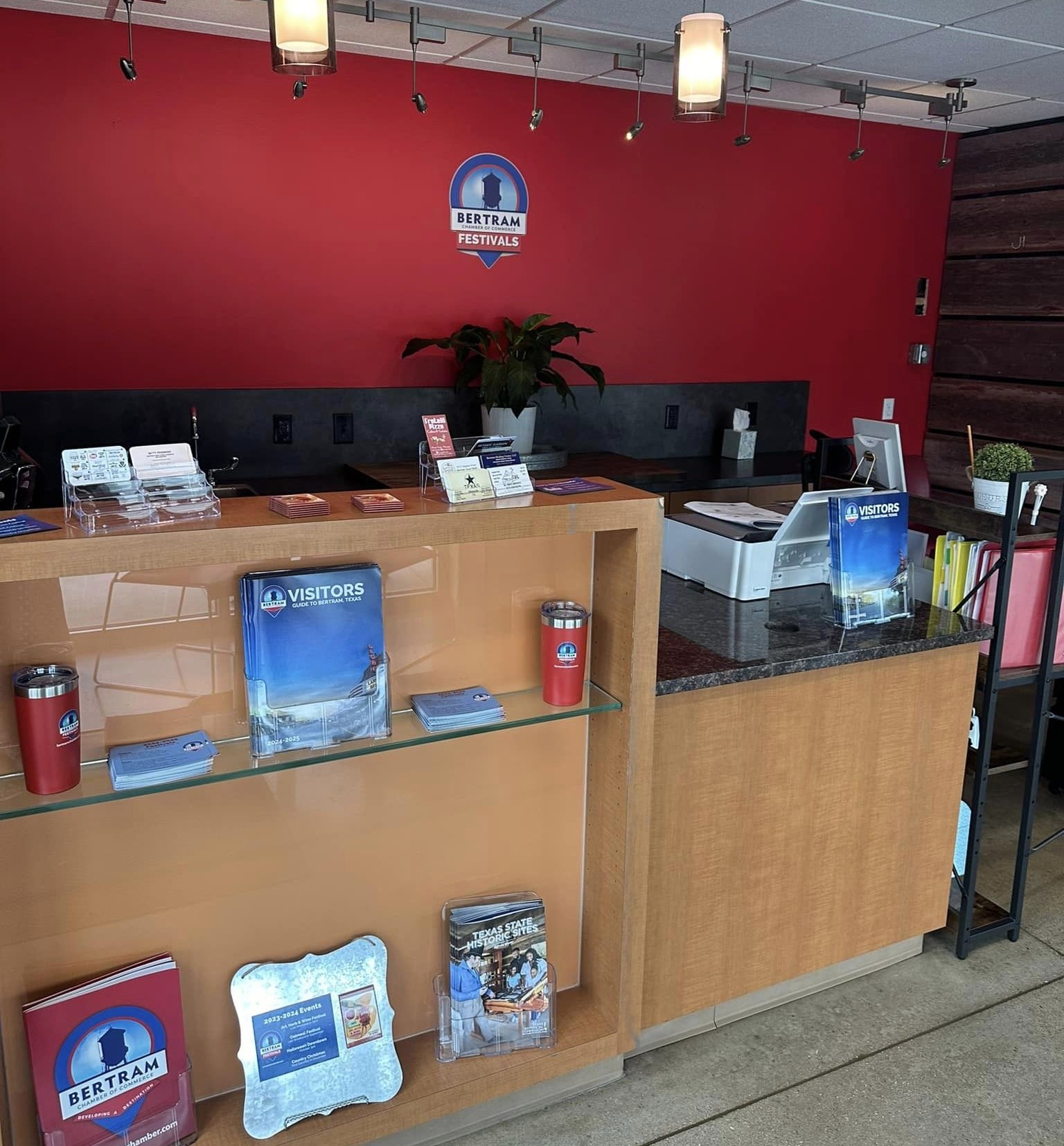 Bertram Chamber of Commerce Visitor Center. Information guides on display.